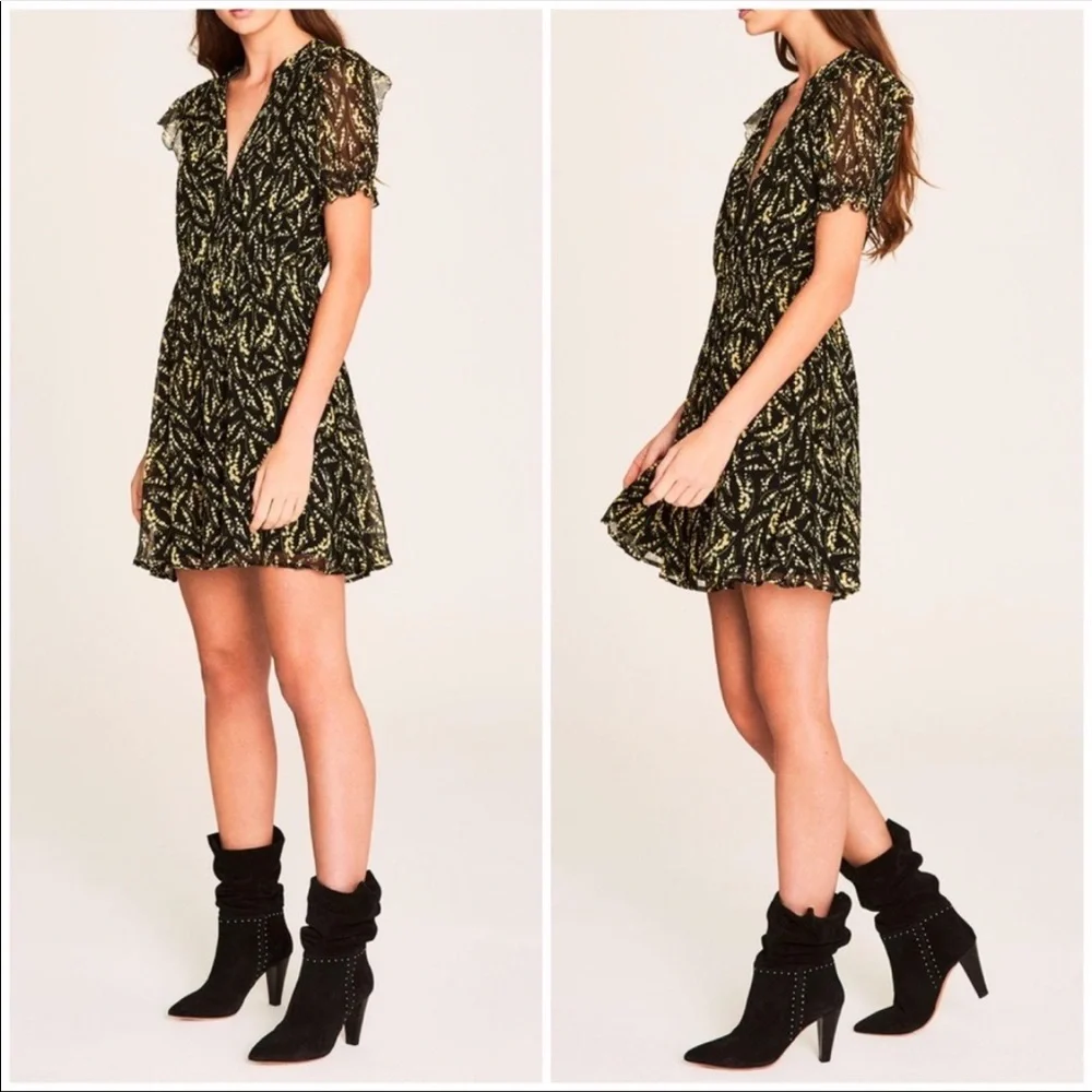 BA&SH Matcha Floral Mini Dress Noir Flowy Ruffles Elastic Waist BLK/Yellow SZ 4 - Picture 1 of 16